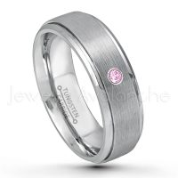 0.07ctw Pink Tourmaline Tungsten Ring - October Birthstone Ring - 7mm Tungsten Wedding Band - Brushed Finish Comfort Fit Tungsten Carbide Ring - Stepped Edge Tungsten Anniversary Ring TN068-PTM