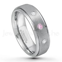 0.21ctw Pink Tourmaline & Diamond 3-Stone Tungsten Ring - October Birthstone Ring - 7mm Tungsten Wedding Band - Brushed Finish Comfort Fit Tungsten Carbide Ring - Stepped Edge Tungsten Anniversary Ring TN068-PTM