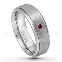 0.07ctw Ruby Tungsten Ring - July Birthstone Ring - 7mm Tungsten Wedding Band - Brushed Finish Comfort Fit Tungsten Carbide Ring - Stepped Edge Tungsten Anniversary Ring TN068-RB