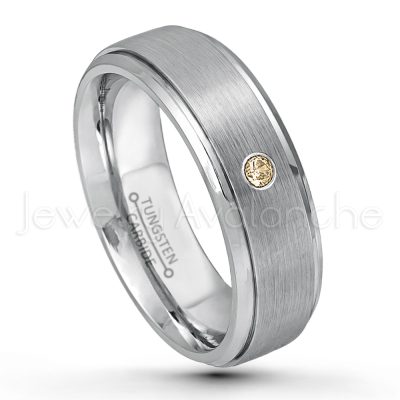 0.21ctw Smokey Quartz 3-Stone Tungsten Ring - November Birthstone Ring - 7mm Tungsten Wedding Band - Brushed Finish Comfort Fit Tungsten Carbide Ring - Stepped Edge Tungsten Anniversary Ring TN068-SMQ