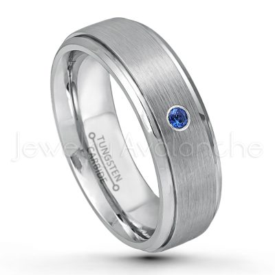 0.21ctw Blue Sapphire 3-Stone Tungsten Ring - September Birthstone Ring - 7mm Tungsten Wedding Band - Brushed Finish Comfort Fit Tungsten Carbide Ring - Stepped Edge Tungsten Anniversary Ring TN068-SP
