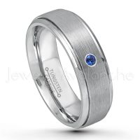 0.07ctw Blue Sapphire Tungsten Ring - September Birthstone Ring - 7mm Tungsten Wedding Band - Brushed Finish Comfort Fit Tungsten Carbide Ring - Stepped Edge Tungsten Anniversary Ring TN068-SP