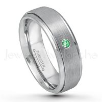 0.07ctw Tsavorite Tungsten Ring - January Birthstone Ring - 7mm Tungsten Wedding Band - Brushed Finish Comfort Fit Tungsten Carbide Ring - Stepped Edge Tungsten Anniversary Ring TN068-TVR