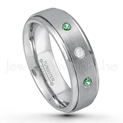 0.21ctw Emerald 3-Stone Tungsten Ring - May Birthstone Ring - 7mm Tungsten Wedding Band - Brushed Finish Comfort Fit Tungsten Carbide Ring - Stepped Edge Tungsten Anniversary Ring TN068-ED