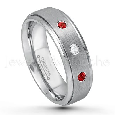 0.21ctw Garnet & Diamond 3-Stone Tungsten Ring - January Birthstone Ring - 7mm Tungsten Wedding Band - Brushed Finish Comfort Fit Tungsten Carbide Ring - Stepped Edge Tungsten Anniversary Ring TN068-GR