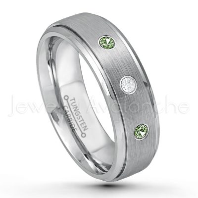 0.21ctw Green Tourmaline 3-Stone Tungsten Ring - October Birthstone Ring - 7mm Tungsten Wedding Band - Brushed Finish Comfort Fit Tungsten Carbide Ring - Stepped Edge Tungsten Anniversary Ring TN068-GTM