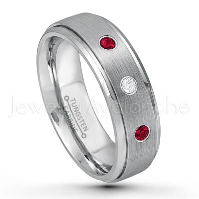 0.07ctw Ruby Tungsten Ring - July Birthstone Ring - 7mm Tungsten Wedding Band - Brushed Finish Comfort Fit Tungsten Carbide Ring - Stepped Edge Tungsten Anniversary Ring TN068-RB