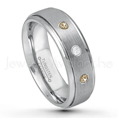 0.21ctw Smokey Quartz 3-Stone Tungsten Ring - November Birthstone Ring - 7mm Tungsten Wedding Band - Brushed Finish Comfort Fit Tungsten Carbide Ring - Stepped Edge Tungsten Anniversary Ring TN068-SMQ