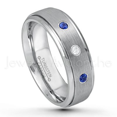 0.21ctw Blue Sapphire 3-Stone Tungsten Ring - September Birthstone Ring - 7mm Tungsten Wedding Band - Brushed Finish Comfort Fit Tungsten Carbide Ring - Stepped Edge Tungsten Anniversary Ring TN068-SP