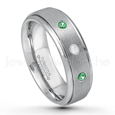 0.21ctw Tsavorite & Diamond 3-Stone Tungsten Ring - January Birthstone Ring - 7mm Tungsten Wedding Band - Brushed Finish Comfort Fit Tungsten Carbide Ring - Stepped Edge Tungsten Anniversary Ring TN068-TVR