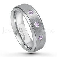 0.21ctw Amethyst 3-Stone Tungsten Ring - February Birthstone Ring - 7mm Tungsten Wedding Band - Brushed Finish Comfort Fit Tungsten Carbide Ring - Stepped Edge Tungsten Anniversary Ring TN068-AMT