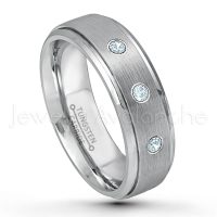 0.21ctw Aquamarine 3-Stone Tungsten Ring - March Birthstone Ring - 7mm Tungsten Wedding Band - Brushed Finish Comfort Fit Tungsten Carbide Ring - Stepped Edge Tungsten Anniversary Ring TN068-AQM