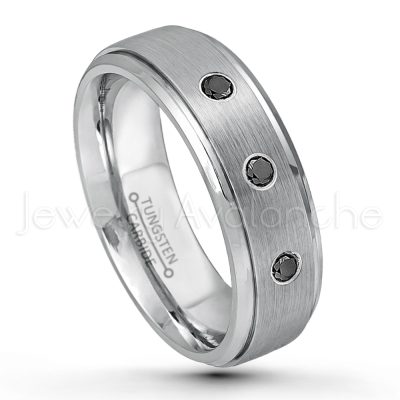 0.21ctw Black & White Diamond 3-Stone Tungsten Ring - April Birthstone Ring - 7mm Tungsten Wedding Band - Brushed Finish Comfort Fit Tungsten Carbide Ring - Stepped Edge Tungsten Anniversary Ring TN068-BD