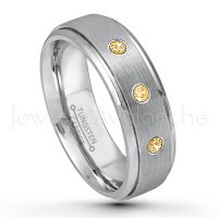 0.21ctw Citrine 3-Stone Tungsten Ring - November Birthstone Ring - 7mm Tungsten Wedding Band - Brushed Finish Comfort Fit Tungsten Carbide Ring - Stepped Edge Tungsten Anniversary Ring TN068-CN