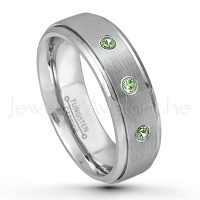 0.21ctw Green Tourmaline 3-Stone Tungsten Ring - October Birthstone Ring - 7mm Tungsten Wedding Band - Brushed Finish Comfort Fit Tungsten Carbide Ring - Stepped Edge Tungsten Anniversary Ring TN068-GTM