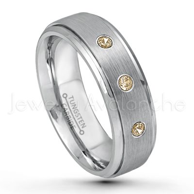 0.07ctw Smokey Quartz Tungsten Ring - November Birthstone Ring - 7mm Tungsten Wedding Band - Brushed Finish Comfort Fit Tungsten Carbide Ring - Stepped Edge Tungsten Anniversary Ring TN068-SMQ