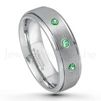 0.21ctw Tsavorite 3-Stone Tungsten Ring - January Birthstone Ring - 7mm Tungsten Wedding Band - Brushed Finish Comfort Fit Tungsten Carbide Ring - Stepped Edge Tungsten Anniversary Ring TN068-TVR