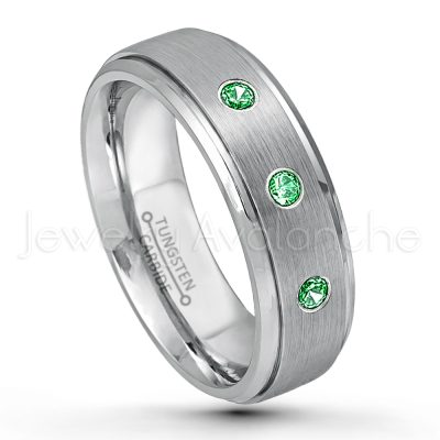 0.21ctw Tsavorite & Diamond 3-Stone Tungsten Ring - January Birthstone Ring - 7mm Tungsten Wedding Band - Brushed Finish Comfort Fit Tungsten Carbide Ring - Stepped Edge Tungsten Anniversary Ring TN068-TVR