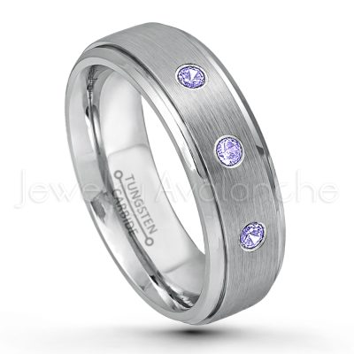 0.07ctw Tanzanite Tungsten Ring - December Birthstone Ring - 7mm Tungsten Wedding Band - Brushed Finish Comfort Fit Tungsten Carbide Ring - Stepped Edge Tungsten Anniversary Ring TN068-TZN