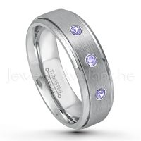0.21ctw Tanzanite 3-Stone Tungsten Ring - December Birthstone Ring - 7mm Tungsten Wedding Band - Brushed Finish Comfort Fit Tungsten Carbide Ring - Stepped Edge Tungsten Anniversary Ring TN068-TZN