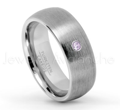 0.21ctw Amethyst & Diamond 3-Stone Tungsten Ring - February Birthstone Ring - 8mm Tungsten Wedding Band - Brushed Finish Comfort Fit Classic Dome Tungsten Carbide Ring TN069-AMT