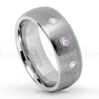 0.21ctw Amethyst & Diamond 3-Stone Tungsten Ring - February Birthstone Ring - 8mm Tungsten Wedding Band - Brushed Finish Comfort Fit Classic Dome Tungsten Carbide Ring TN069-AMT