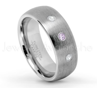 0.07ctw Amethyst Tungsten Ring - February Birthstone Ring - 8mm Tungsten Wedding Band - Brushed Finish Comfort Fit Classic Dome Tungsten Carbide Ring TN069-AMT