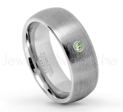 0.21ctw Green Tourmaline 3-Stone Tungsten Ring - October Birthstone Ring - 8mm Tungsten Wedding Band - Brushed Finish Comfort Fit Classic Dome Tungsten Carbide Ring TN069-GTM