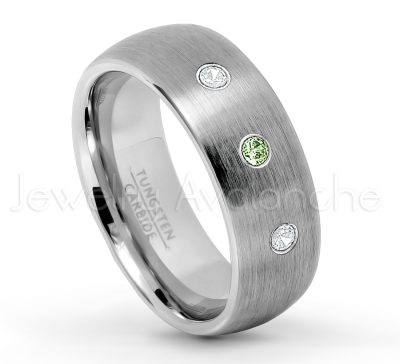 0.21ctw Green Tourmaline & Diamond 3-Stone Tungsten Ring - October Birthstone Ring - 8mm Tungsten Wedding Band - Brushed Finish Comfort Fit Classic Dome Tungsten Carbide Ring TN069-GTM
