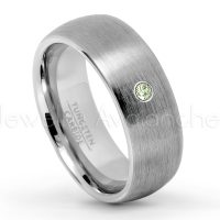 0.07ctw Peridot Tungsten Ring - August Birthstone Ring - 8mm Tungsten Wedding Band - Brushed Finish Comfort Fit Classic Dome Tungsten Carbide Ring TN069-PD