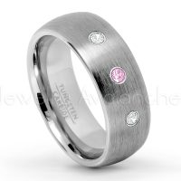 0.21ctw Pink Tourmaline & Diamond 3-Stone Tungsten Ring - October Birthstone Ring - 8mm Tungsten Wedding Band - Brushed Finish Comfort Fit Classic Dome Tungsten Carbide Ring TN069-PTM