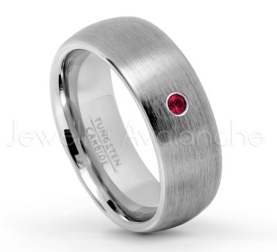 0.21ctw Ruby 3-Stone Tungsten Ring - July Birthstone Ring - 8mm Tungsten Wedding Band - Brushed Finish Comfort Fit Classic Dome Tungsten Carbide Ring TN069-RB