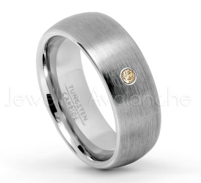0.07ctw Smokey Quartz Tungsten Ring - November Birthstone Ring - 8mm Tungsten Wedding Band - Brushed Finish Comfort Fit Classic Dome Tungsten Carbide Ring TN069-SMQ