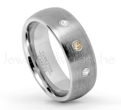 0.21ctw Smokey Quartz & Diamond 3-Stone Tungsten Ring - November Birthstone Ring - 8mm Tungsten Wedding Band - Brushed Finish Comfort Fit Classic Dome Tungsten Carbide Ring TN069-SMQ
