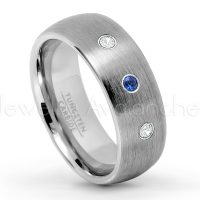 0.21ctw Blue Sapphire & Diamond 3-Stone Tungsten Ring - September Birthstone Ring - 8mm Tungsten Wedding Band - Brushed Finish Comfort Fit Classic Dome Tungsten Carbide Ring TN069-SP