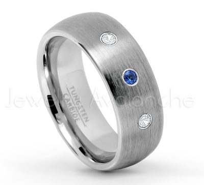 0.21ctw Blue Sapphire 3-Stone Tungsten Ring - September Birthstone Ring - 8mm Tungsten Wedding Band - Brushed Finish Comfort Fit Classic Dome Tungsten Carbide Ring TN069-SP