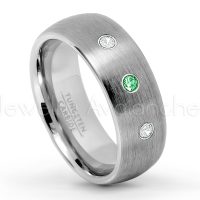 0.21ctw Tsavorite & Diamond 3-Stone Tungsten Ring - January Birthstone Ring - 8mm Tungsten Wedding Band - Brushed Finish Comfort Fit Classic Dome Tungsten Carbide Ring TN069-TVR