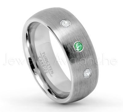 0.21ctw Tsavorite & Diamond 3-Stone Tungsten Ring - January Birthstone Ring - 8mm Tungsten Wedding Band - Brushed Finish Comfort Fit Classic Dome Tungsten Carbide Ring TN069-TVR