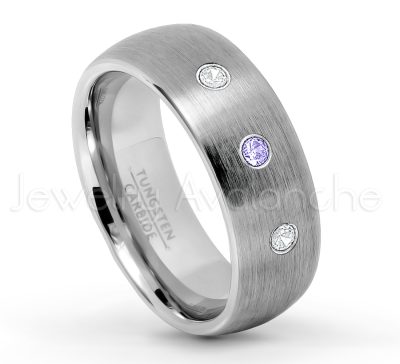 0.21ctw Tanzanite 3-Stone Tungsten Ring - December Birthstone Ring - 8mm Tungsten Wedding Band - Brushed Finish Comfort Fit Classic Dome Tungsten Carbide Ring TN069-TZN
