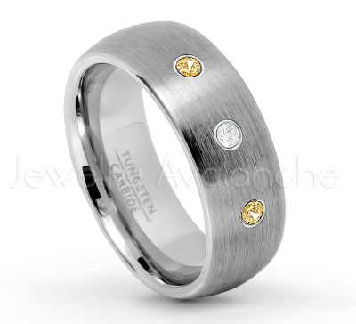 0.07ctw Citrine Tungsten Ring - November Birthstone Ring - 8mm Tungsten Wedding Band - Brushed Finish Comfort Fit Classic Dome Tungsten Carbide Ring TN069-CN