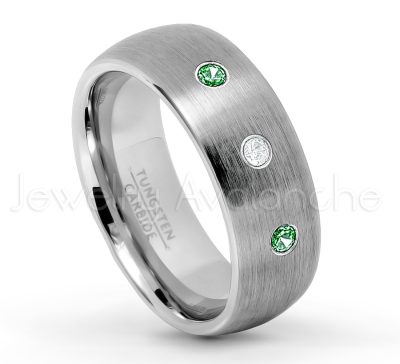 0.07ctw Emerald Tungsten Ring - May Birthstone Ring - 8mm Tungsten Wedding Band - Brushed Finish Comfort Fit Classic Dome Tungsten Carbide Ring TN069-ED