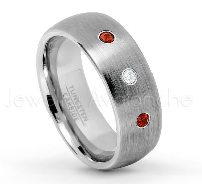 0.21ctw Garnet 3-Stone Tungsten Ring - January Birthstone Ring - 8mm Tungsten Wedding Band - Brushed Finish Comfort Fit Classic Dome Tungsten Carbide Ring TN069-GR