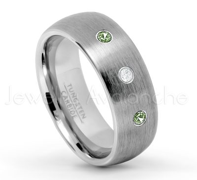 0.21ctw Green Tourmaline & Diamond 3-Stone Tungsten Ring - October Birthstone Ring - 8mm Tungsten Wedding Band - Brushed Finish Comfort Fit Classic Dome Tungsten Carbide Ring TN069-GTM