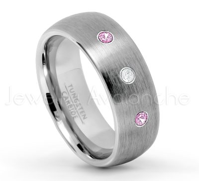 0.21ctw Pink Tourmaline & Diamond 3-Stone Tungsten Ring - October Birthstone Ring - 8mm Tungsten Wedding Band - Brushed Finish Comfort Fit Classic Dome Tungsten Carbide Ring TN069-PTM
