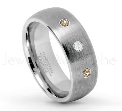0.21ctw Smokey Quartz & Diamond 3-Stone Tungsten Ring - November Birthstone Ring - 8mm Tungsten Wedding Band - Brushed Finish Comfort Fit Classic Dome Tungsten Carbide Ring TN069-SMQ