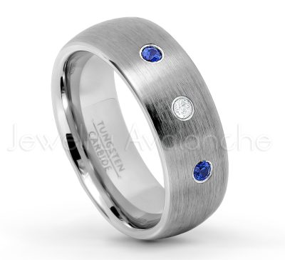 0.21ctw Blue Sapphire 3-Stone Tungsten Ring - September Birthstone Ring - 8mm Tungsten Wedding Band - Brushed Finish Comfort Fit Classic Dome Tungsten Carbide Ring TN069-SP