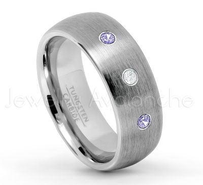 0.21ctw Tanzanite & Diamond 3-Stone Tungsten Ring - December Birthstone Ring - 8mm Tungsten Wedding Band - Brushed Finish Comfort Fit Classic Dome Tungsten Carbide Ring TN069-TZN