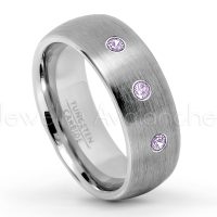0.21ctw Amethyst 3-Stone Tungsten Ring - February Birthstone Ring - 8mm Tungsten Wedding Band - Brushed Finish Comfort Fit Classic Dome Tungsten Carbide Ring TN069-AMT