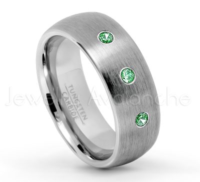 0.21ctw Emerald 3-Stone Tungsten Ring - May Birthstone Ring - 8mm Tungsten Wedding Band - Brushed Finish Comfort Fit Classic Dome Tungsten Carbide Ring TN069-ED
