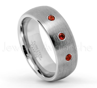 0.21ctw Garnet 3-Stone Tungsten Ring - January Birthstone Ring - 8mm Tungsten Wedding Band - Brushed Finish Comfort Fit Classic Dome Tungsten Carbide Ring TN069-GR